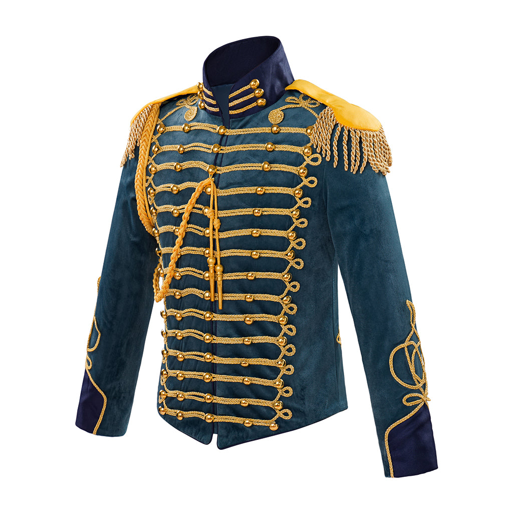 Medieval Style Teal Military Jacket with Gold Braiding Fringed Epaulettes High Collar for Historical Reenactments Halloween or Christmas
