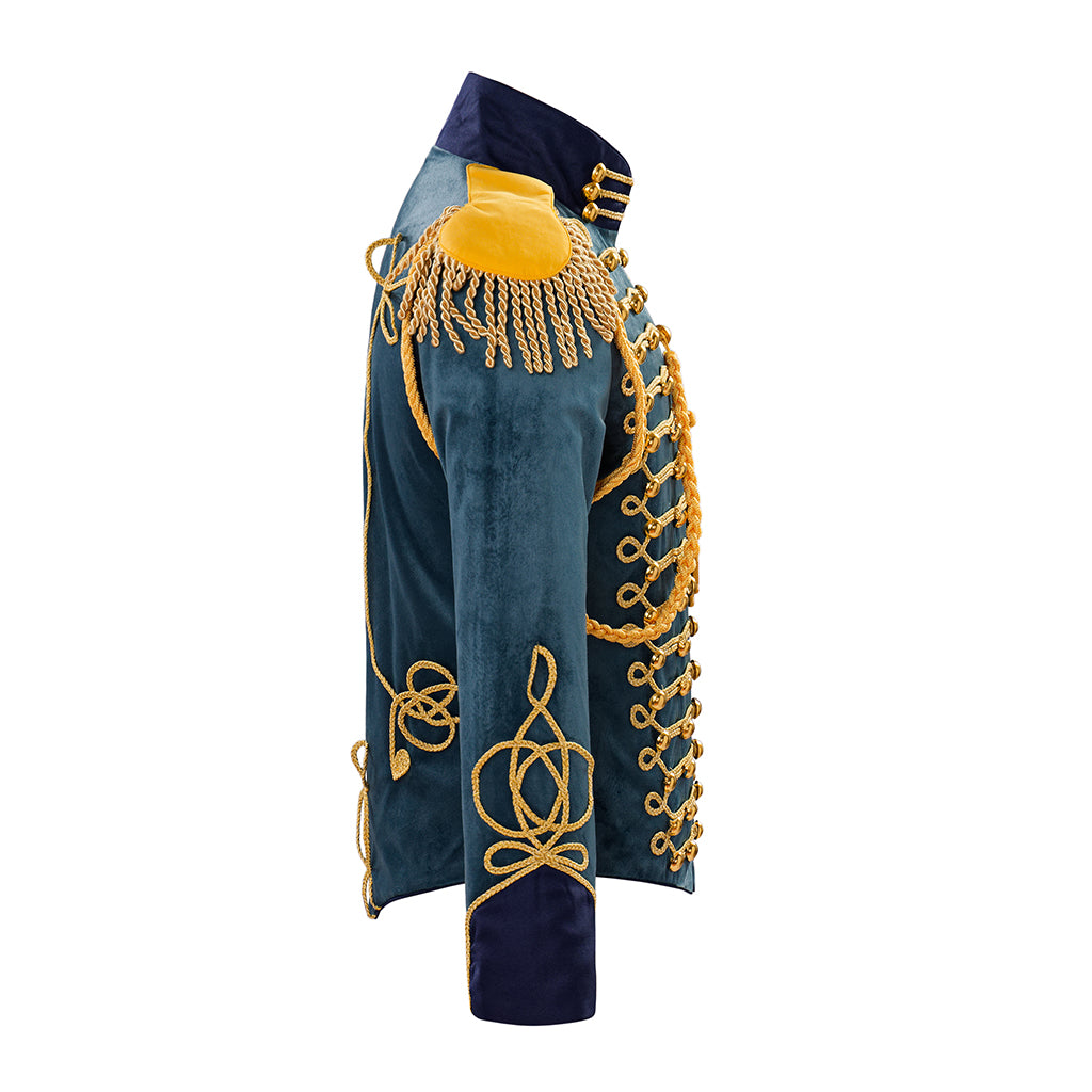 Medieval Style Teal Military Jacket with Gold Braiding Fringed Epaulettes High Collar for Historical Reenactments Halloween or Christmas