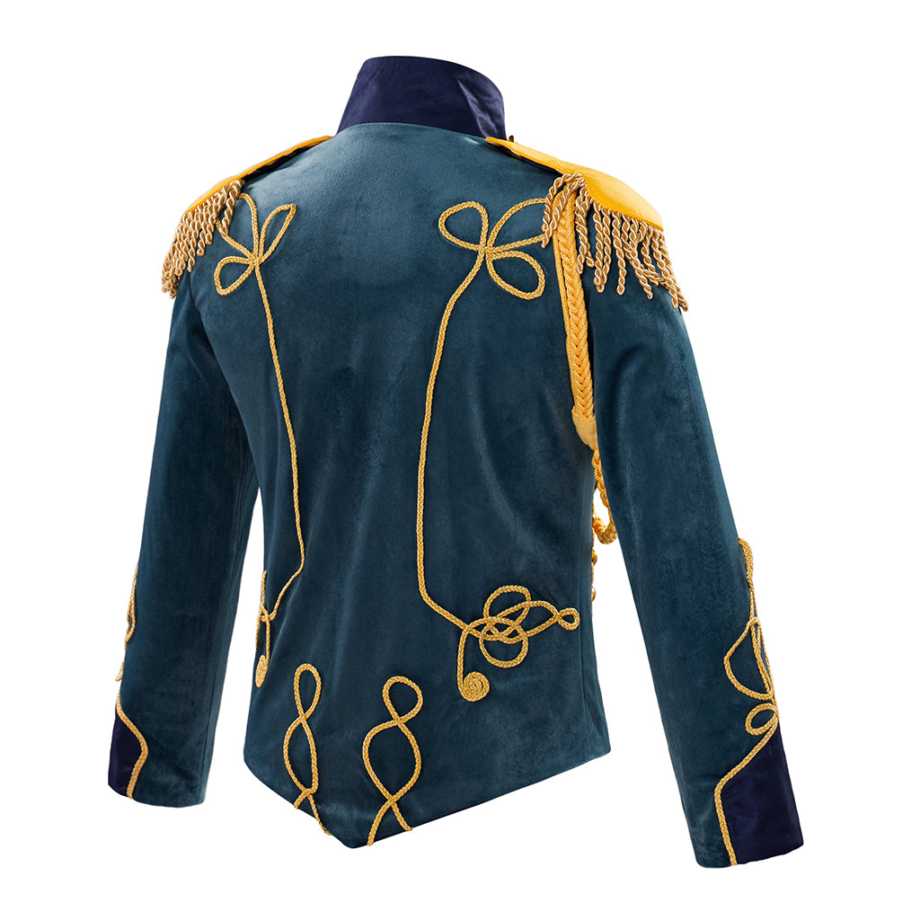 Medieval Style Teal Military Jacket with Gold Braiding Fringed Epaulettes High Collar for Historical Reenactments Halloween or Christmas