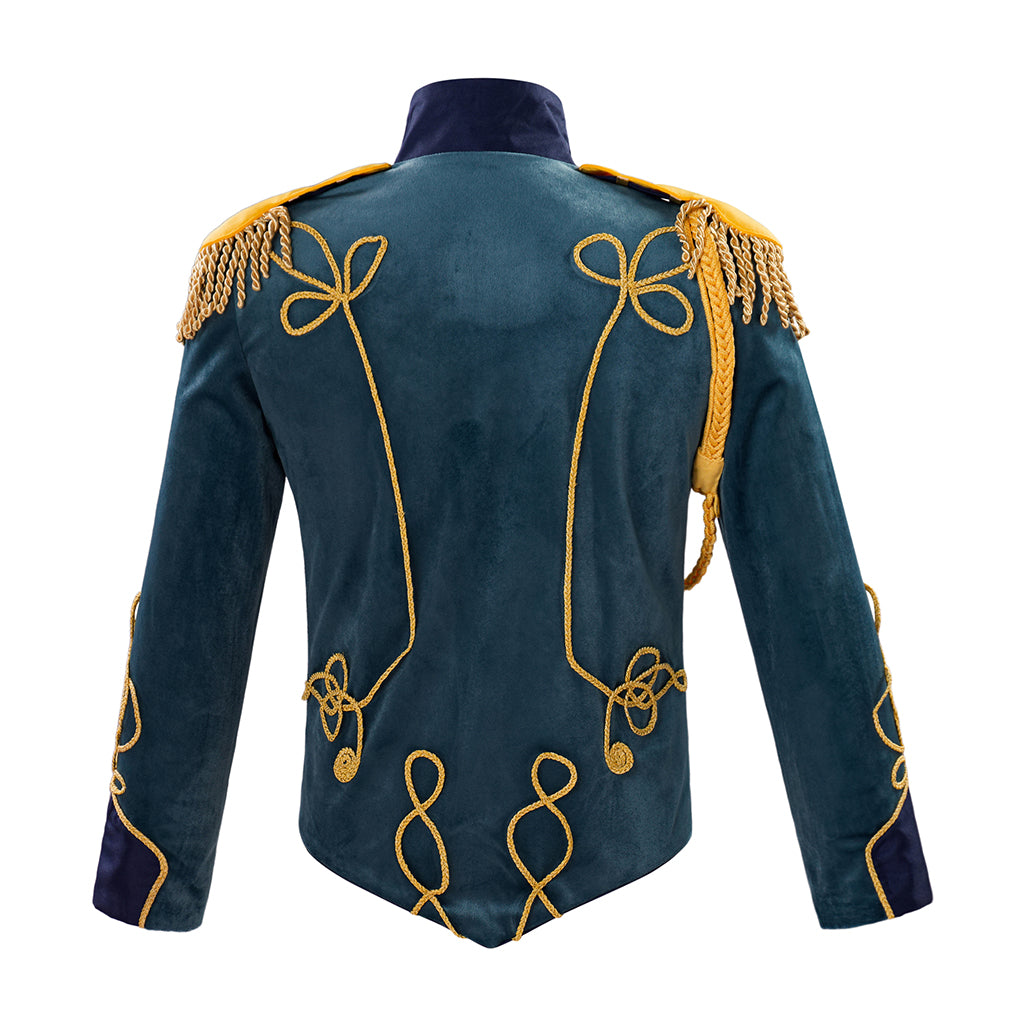Medieval Style Teal Military Jacket with Gold Braiding Fringed Epaulettes High Collar for Historical Reenactments Halloween or Christmas