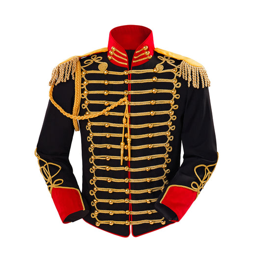 Medieval Style Black Military Jacket with Gold Braiding Red Trimmed Collar Cuffs for Historical Reenactments Halloween or Christmas