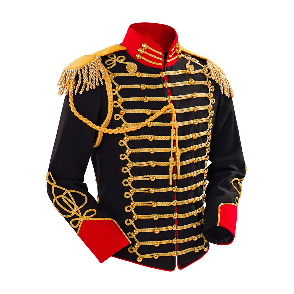 Medieval Style Black Military Jacket with Gold Braiding Red Trimmed Collar Cuffs for Historical Reenactments Halloween or Christmas