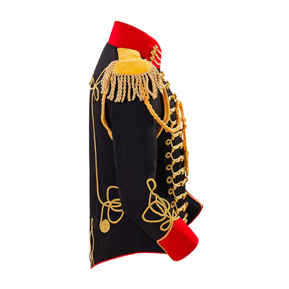 Medieval Style Black Military Jacket with Gold Braiding Red Trimmed Collar Cuffs for Historical Reenactments Halloween or Christmas