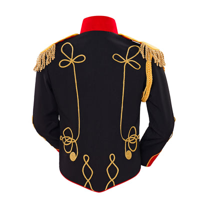 Medieval Style Black Military Jacket with Gold Braiding Red Trimmed Collar Cuffs for Historical Reenactments Halloween or Christmas