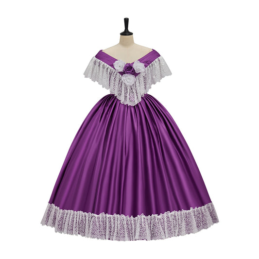 Victorian Purple Ball Gown with White Lace Trim for Historical Reenactments Victorian Themed Gatherings Costume Halloween Christmas