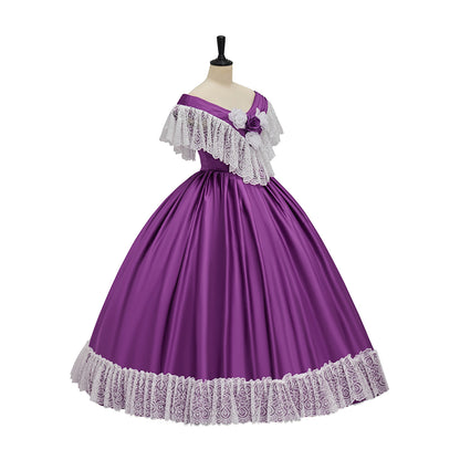 Victorian Purple Ball Gown with White Lace Trim for Historical Reenactments Victorian Themed Gatherings Costume Halloween Christmas