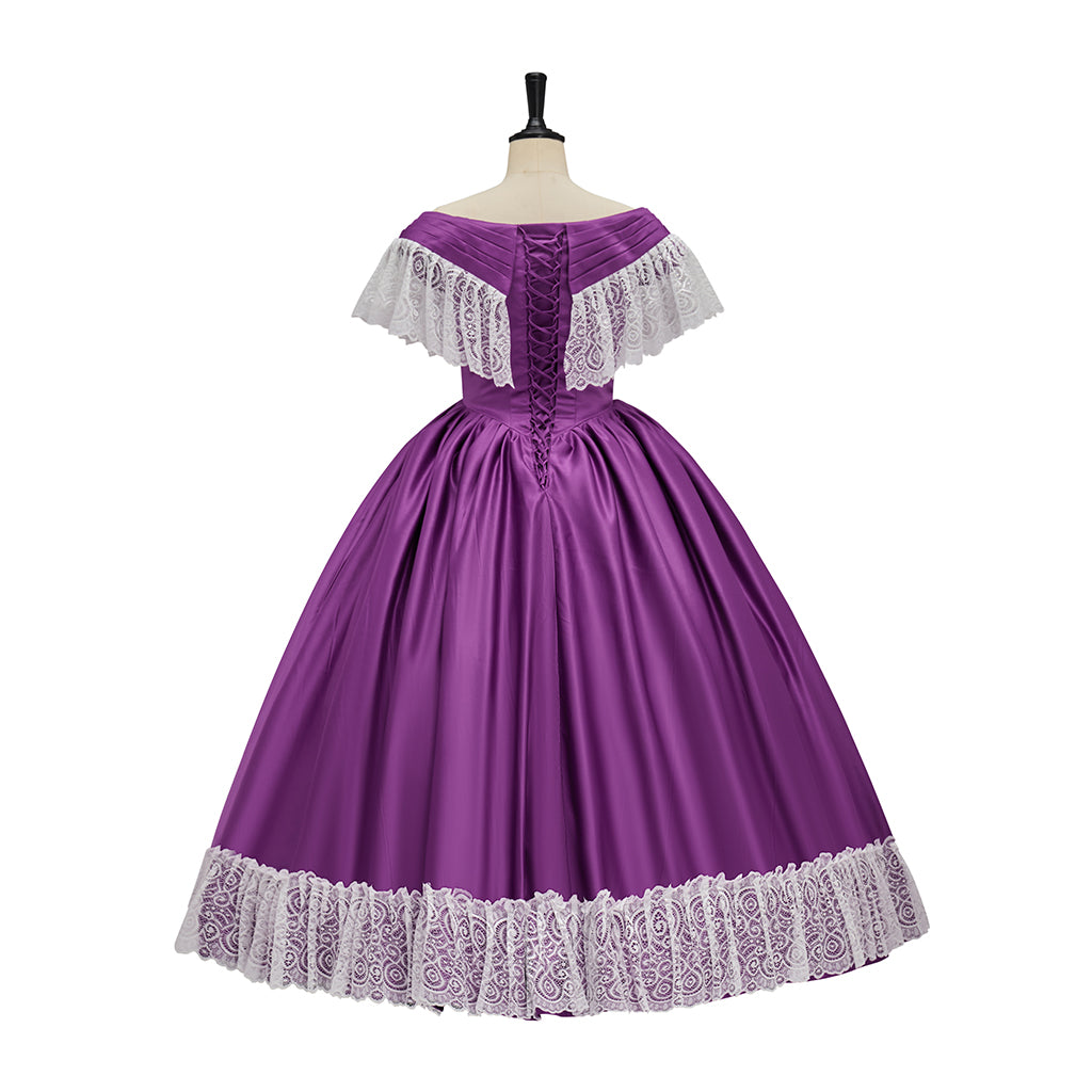 Victorian Purple Ball Gown with White Lace Trim for Historical Reenactments Victorian Themed Gatherings Costume Halloween Christmas