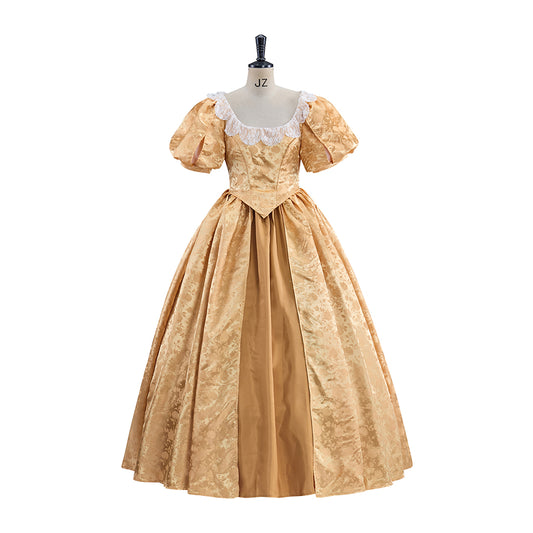 Rococo Gold Satin Gown with Puff Sleeves and High Waist for Historical Reenactments Rococo Themed Gatherings Costume Balls Formal Historical Galas