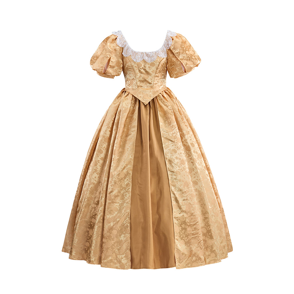 Rococo Gold Satin Gown with Puff Sleeves and High Waist for Historical Reenactments Rococo Themed Gatherings Costume Balls Formal Historical Galas