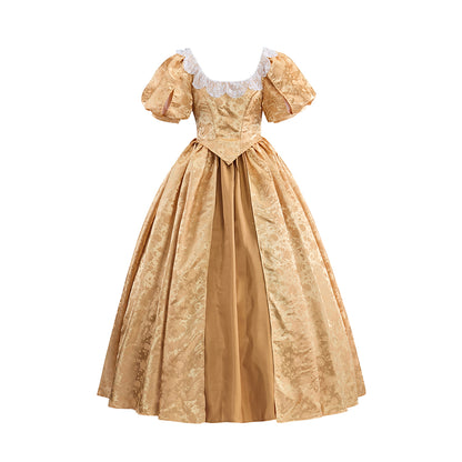 Rococo Gold Satin Gown with Puff Sleeves and High Waist for Historical Reenactments Rococo Themed Gatherings Costume Balls Formal Historical Galas