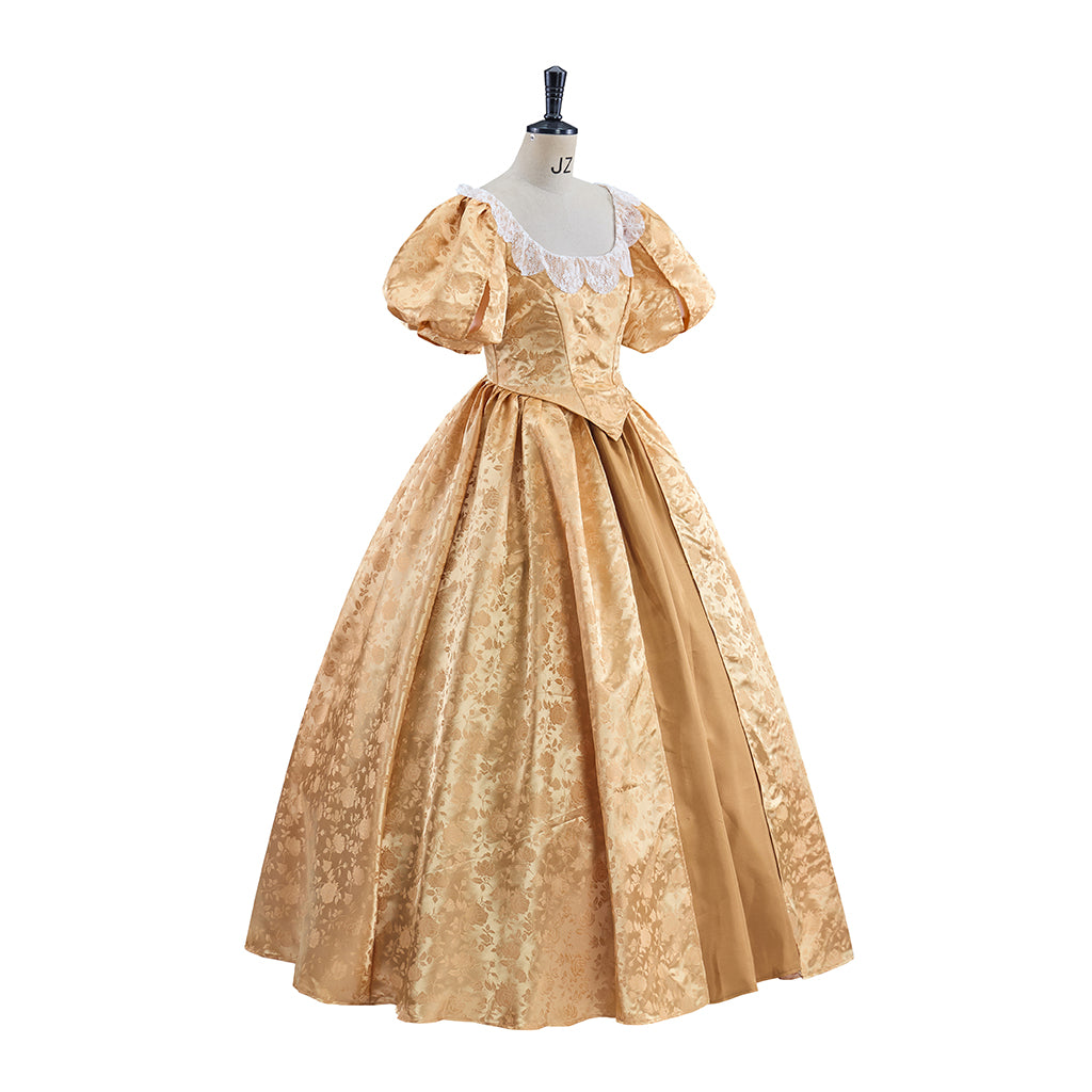Rococo Gold Satin Gown with Puff Sleeves and High Waist for Historical Reenactments Rococo Themed Gatherings Costume Balls Formal Historical Galas