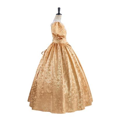 Rococo Gold Satin Gown with Puff Sleeves and High Waist for Historical Reenactments Rococo Themed Gatherings Costume Balls Formal Historical Galas