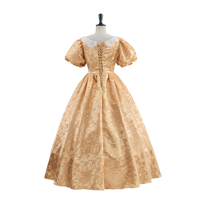 Rococo Gold Satin Gown with Puff Sleeves and High Waist for Historical Reenactments Rococo Themed Gatherings Costume Balls Formal Historical Galas