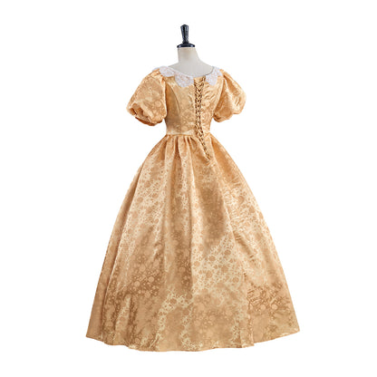 Rococo Gold Satin Gown with Puff Sleeves and High Waist for Historical Reenactments Rococo Themed Gatherings Costume Balls Formal Historical Galas