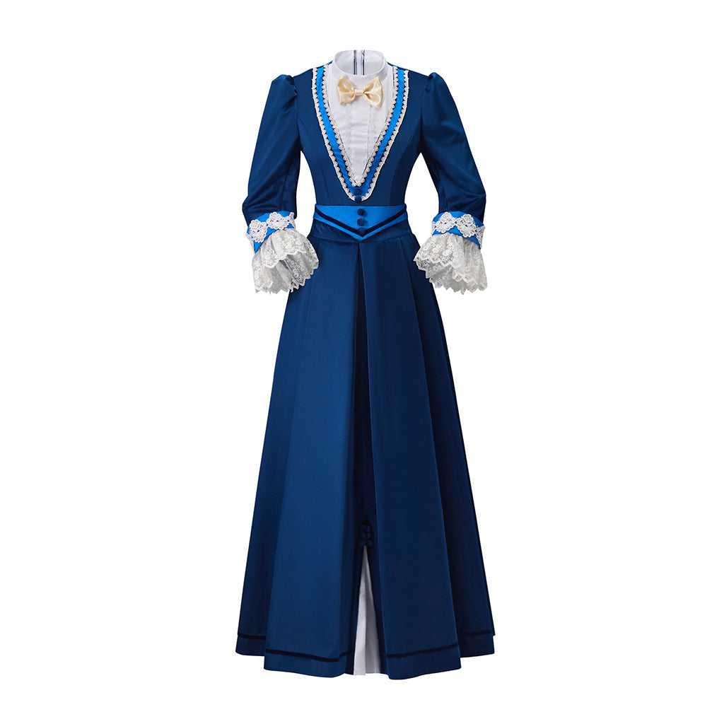 Victorian Navy Blue Long Gown with White Trim and Long Sleeves for Historical Reenactments Victorian Themed Historical Occasions Halloween Christmas