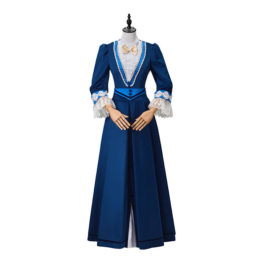 Victorian Navy Blue Long Gown with White Trim and Long Sleeves for Historical Reenactments Victorian Themed Historical Occasions Halloween Christmas
