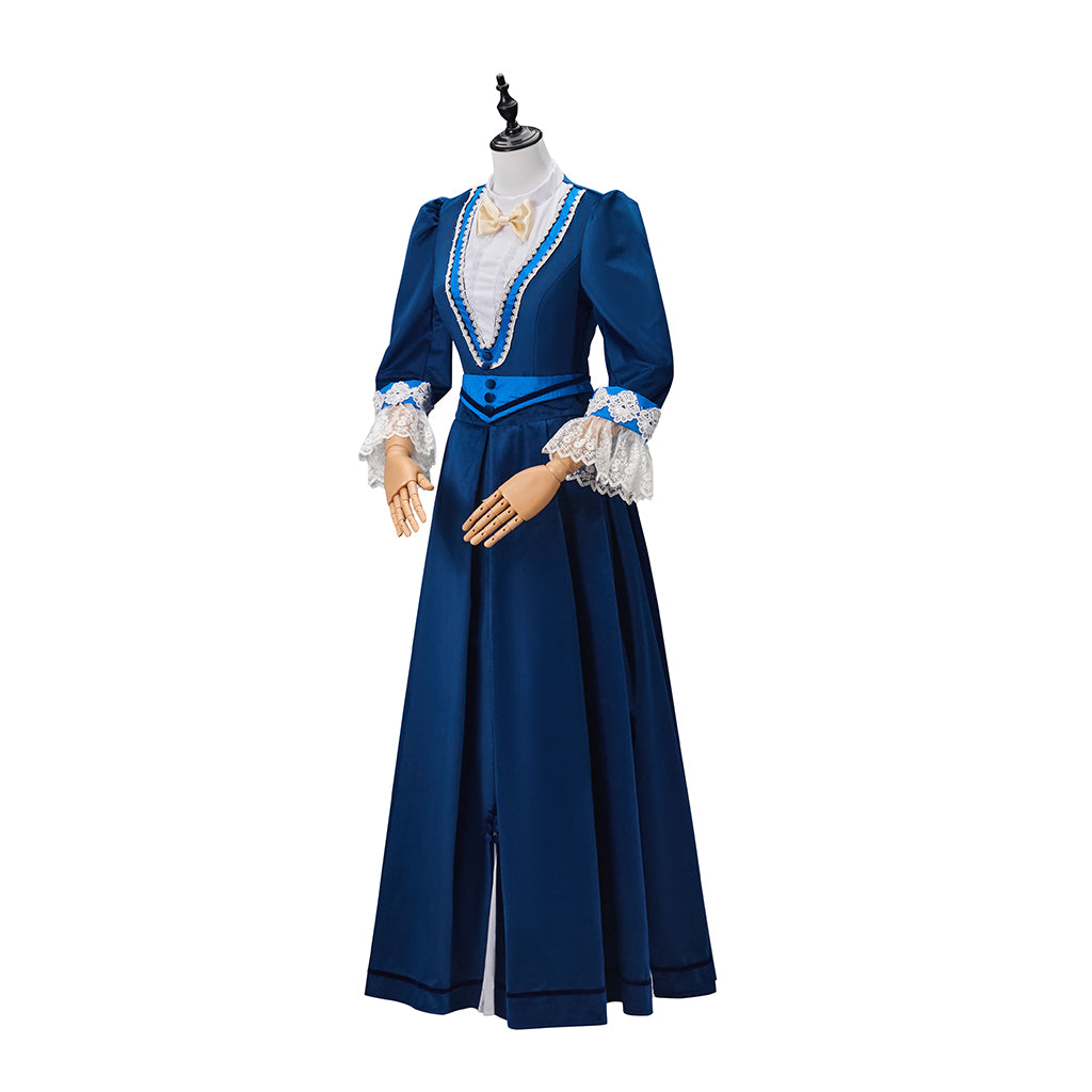 Victorian Navy Blue Long Gown with White Trim and Long Sleeves for Historical Reenactments Victorian Themed Historical Occasions Halloween Christmas
