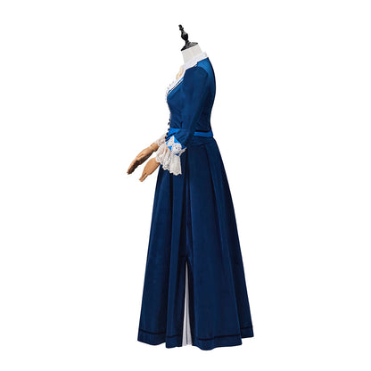 Victorian Navy Blue Long Gown with White Trim and Long Sleeves for Historical Reenactments Victorian Themed Historical Occasions Halloween Christmas