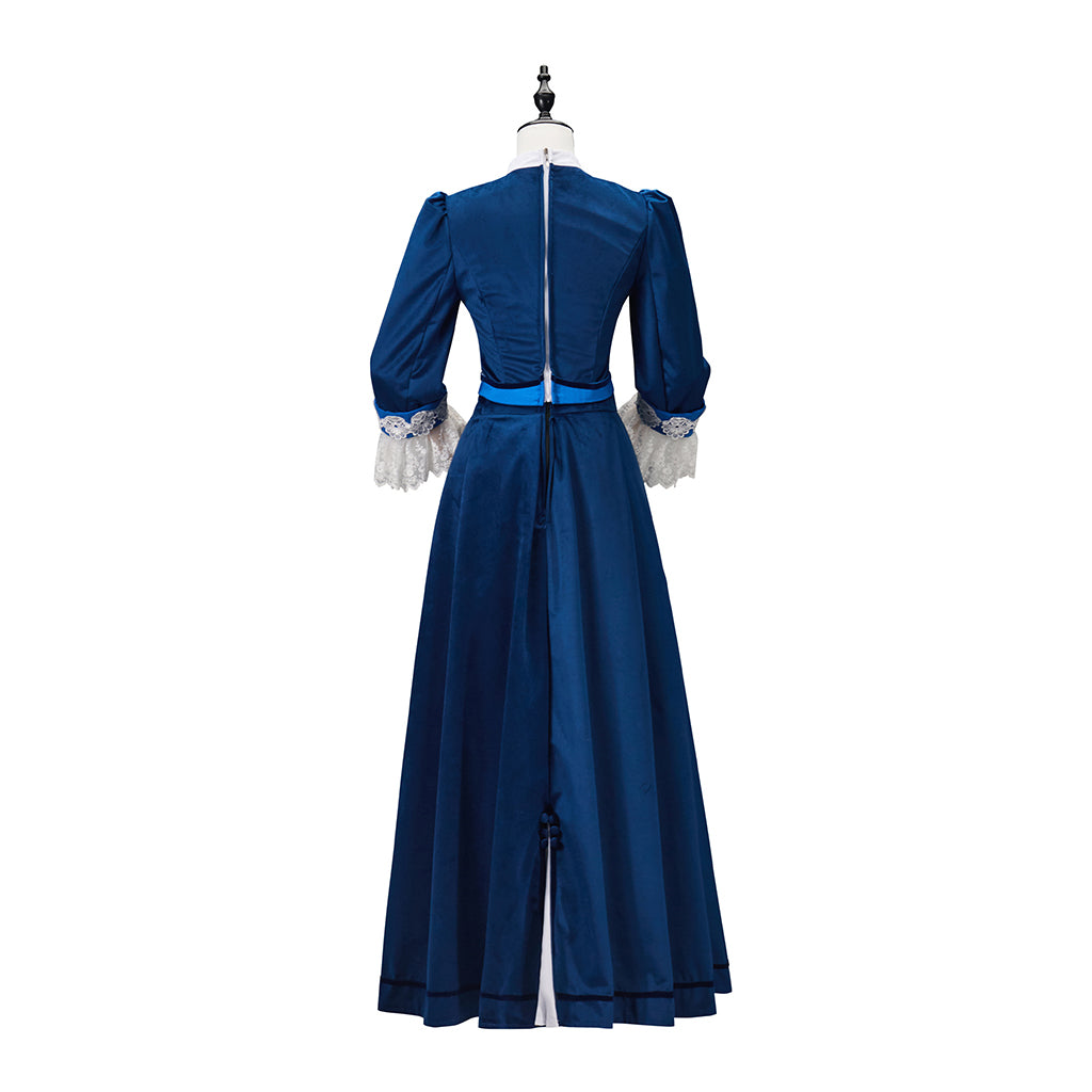 Victorian Navy Blue Long Gown with White Trim and Long Sleeves for Historical Reenactments Victorian Themed Historical Occasions Halloween Christmas