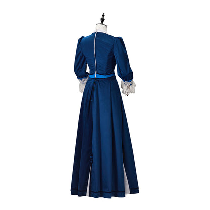 Victorian Navy Blue Long Gown with White Trim and Long Sleeves for Historical Reenactments Victorian Themed Historical Occasions Halloween Christmas