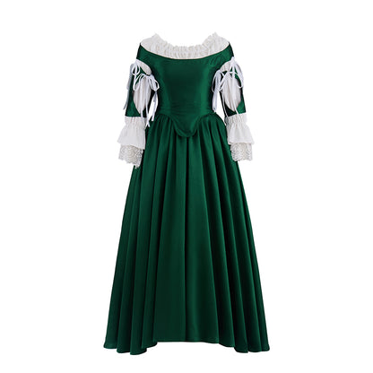 Renaissance Dark Green Velvet Gown with Square Neckline Puff Sleeves for Historical Reenactments Medieval Themed Halloween Christmas