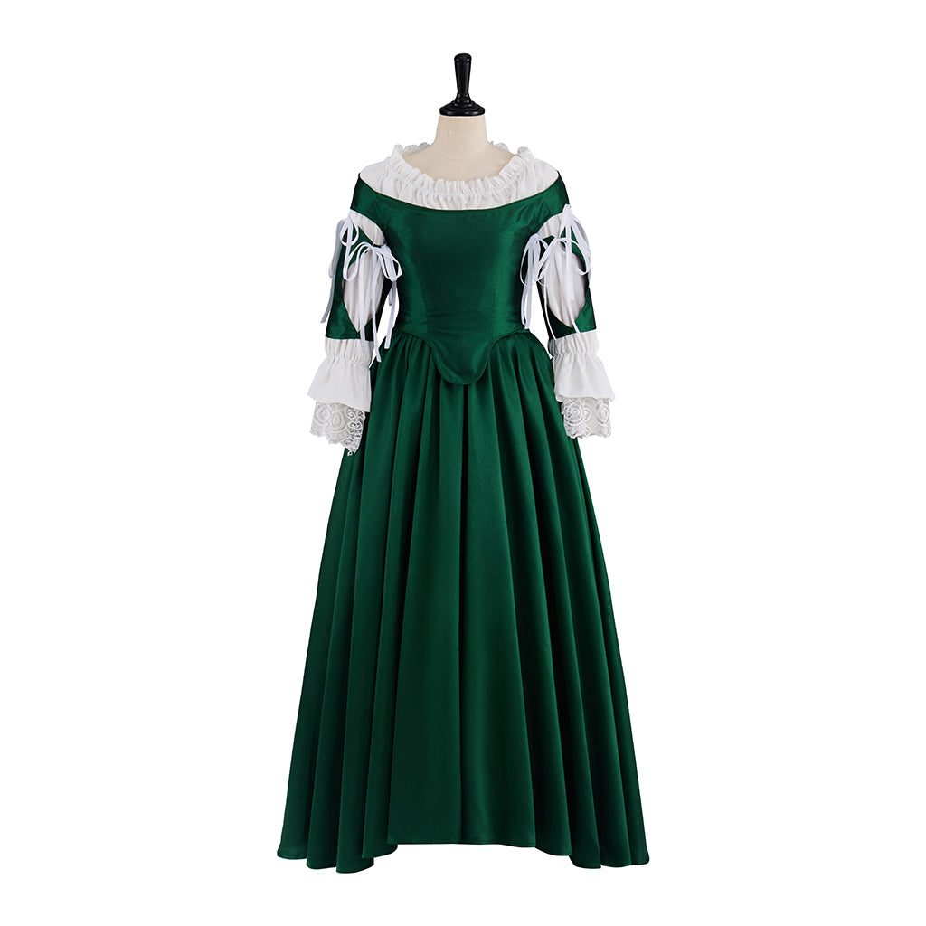 Renaissance Dark Green Velvet Gown with Square Neckline Puff Sleeves for Historical Reenactments Medieval Themed Halloween Christmas