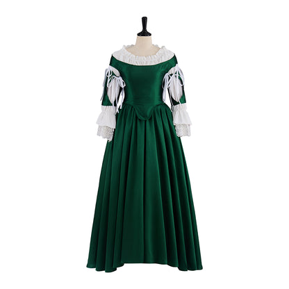 Renaissance Dark Green Velvet Gown with Square Neckline Puff Sleeves for Historical Reenactments Medieval Themed Halloween Christmas