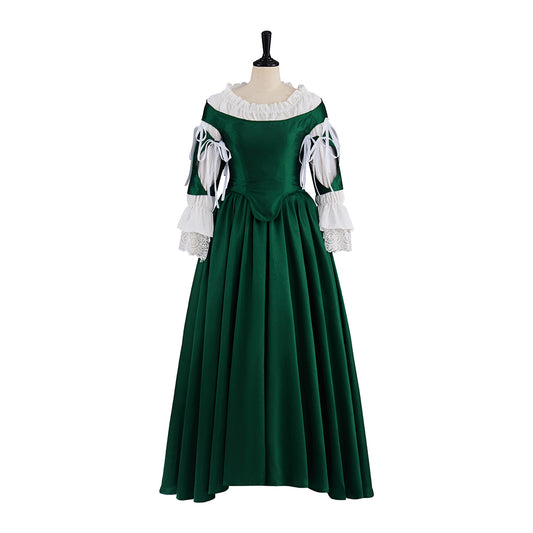Renaissance Dark Green Velvet Gown with Square Neckline Puff Sleeves for Historical Reenactments Medieval Themed Halloween Christmas