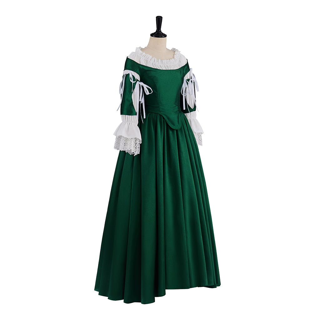 Renaissance Dark Green Velvet Gown with Square Neckline Puff Sleeves for Historical Reenactments Medieval Themed Halloween Christmas