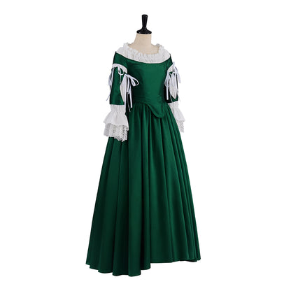 Renaissance Dark Green Velvet Gown with Square Neckline Puff Sleeves for Historical Reenactments Medieval Themed Halloween Christmas