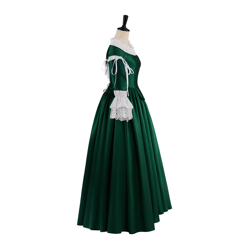 Renaissance Dark Green Velvet Gown with Square Neckline Puff Sleeves for Historical Reenactments Medieval Themed Halloween Christmas