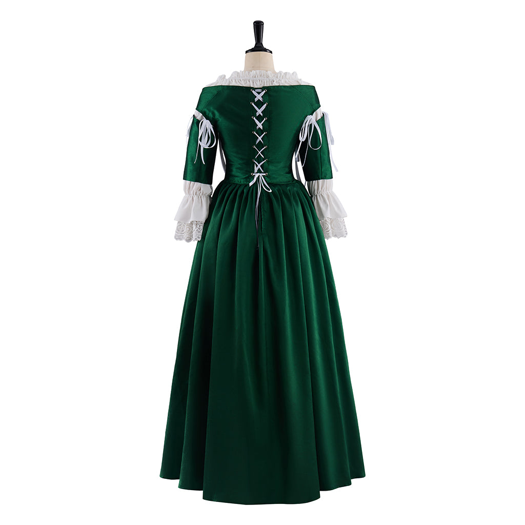 Renaissance Dark Green Velvet Gown with Square Neckline Puff Sleeves for Historical Reenactments Medieval Themed Halloween Christmas