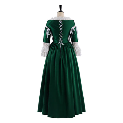 Renaissance Dark Green Velvet Gown with Square Neckline Puff Sleeves for Historical Reenactments Medieval Themed Halloween Christmas