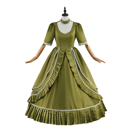 Victorian Olive Green Gown with White Trim Short Sleeves for Historical Reenactments Victorian Themed Halloween Christmas