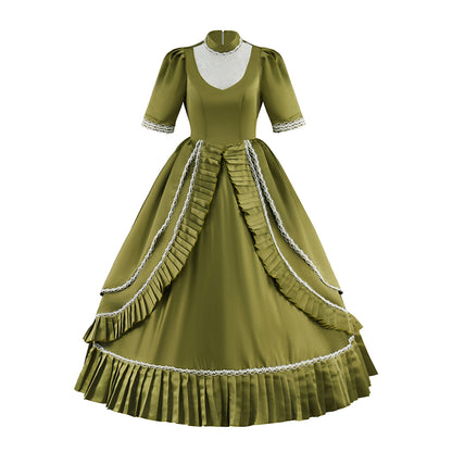 Victorian Olive Green Gown with White Trim Short Sleeves for Historical Reenactments Victorian Themed Halloween Christmas
