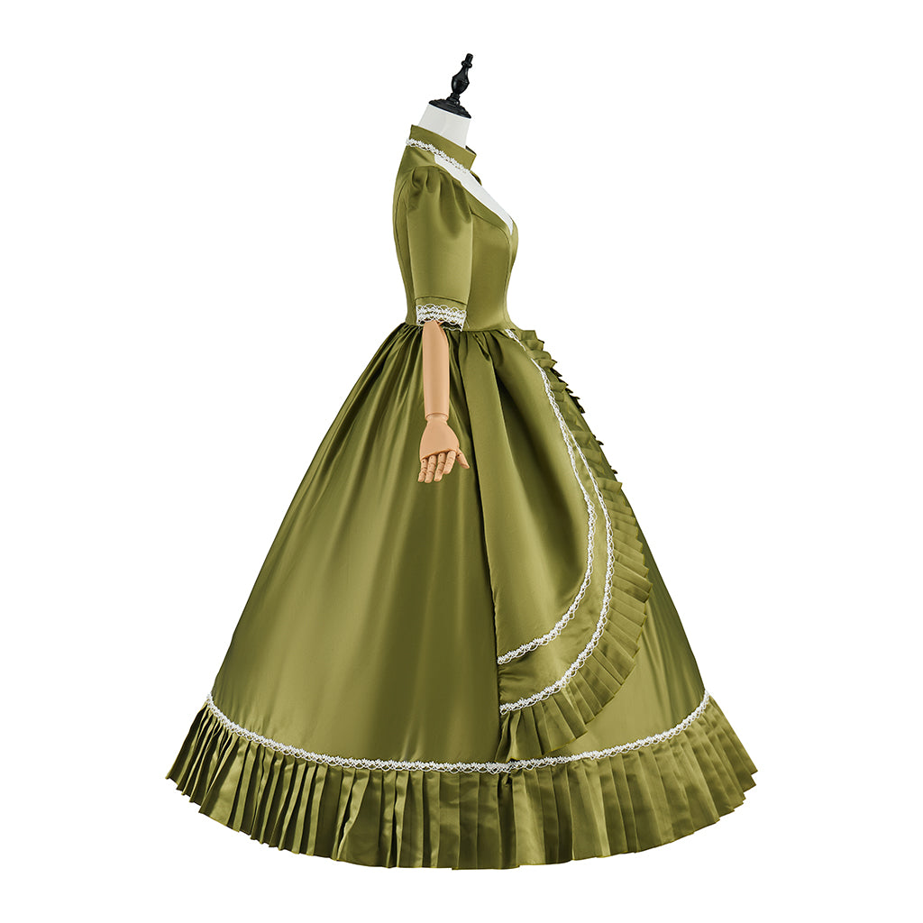 Victorian Olive Green Gown with White Trim Short Sleeves for Historical Reenactments Victorian Themed Halloween Christmas