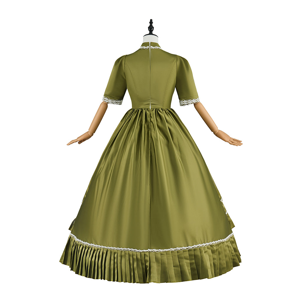 Victorian Olive Green Gown with White Trim Short Sleeves for Historical Reenactments Victorian Themed Halloween Christmas