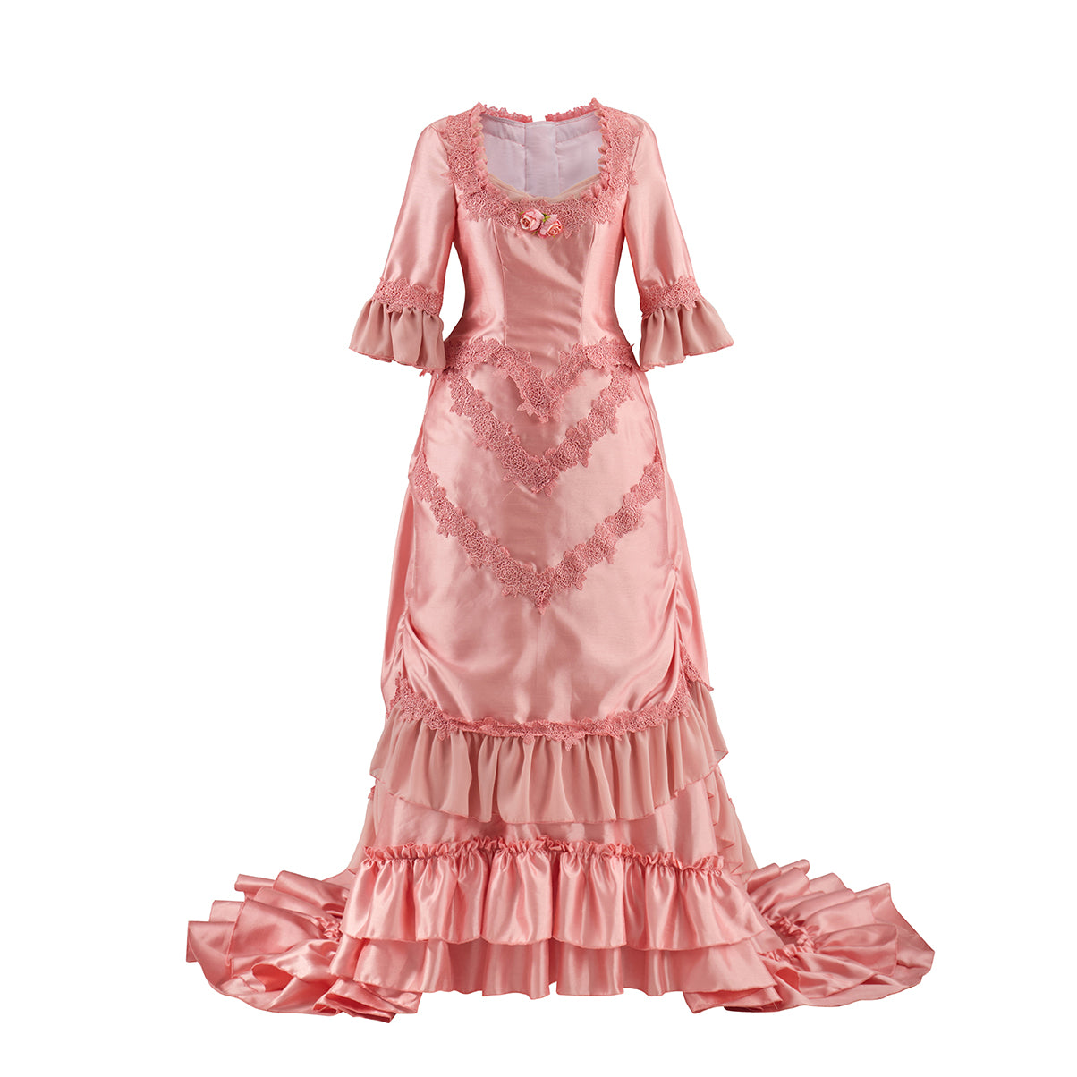 Victorian Pink Ruffled Gown with Fluted Sleeves for Historical Reenactments Victorian Themed Gatherings Cosplay Events Halloween Christmas