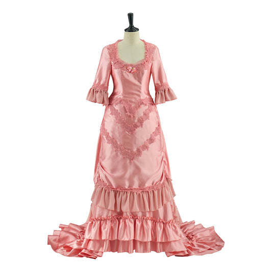 Victorian Pink Ruffled Gown with Fluted Sleeves for Historical Reenactments Victorian Themed Gatherings Cosplay Events Halloween Christmas