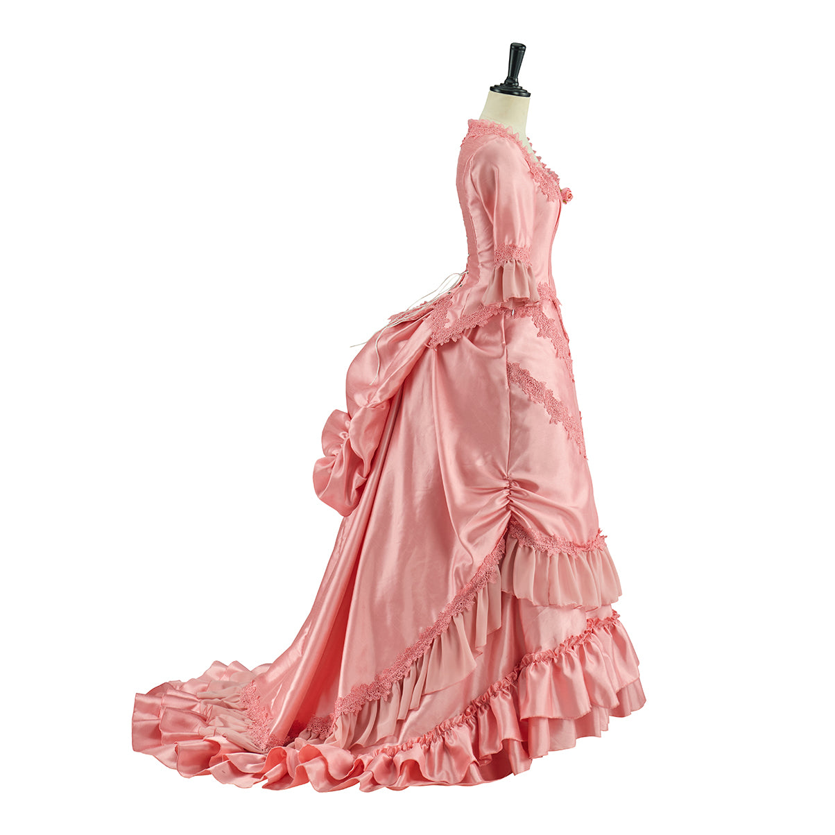 Victorian Pink Ruffled Gown with Fluted Sleeves for Historical Reenactments Victorian Themed Gatherings Cosplay Events Halloween Christmas