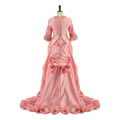 Victorian Pink Ruffled Gown with Fluted Sleeves for Historical Reenactments Victorian Themed Gatherings Cosplay Events Halloween Christmas