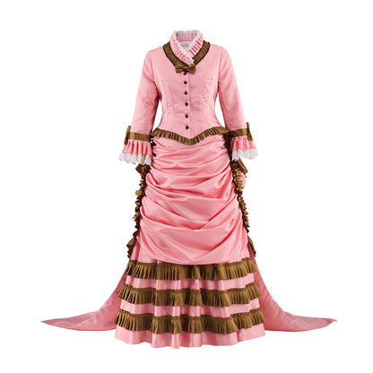 Victorian Pink Ruched Gown with Brown Trimmed Hem and Long Sleeves for Historical Reenactments Victorian Halloween Christmas