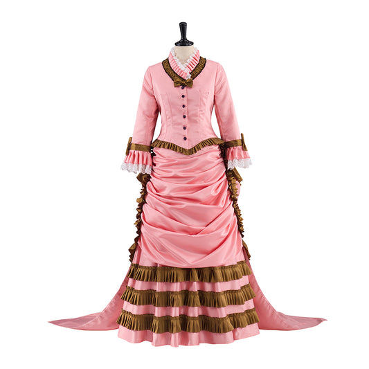 Victorian Pink Ruched Gown with Brown Trimmed Hem and Long Sleeves for Historical Reenactments Victorian Halloween Christmas