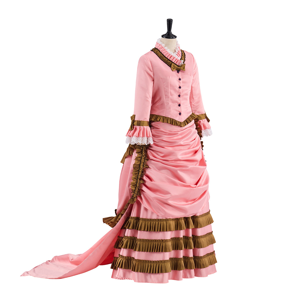 Victorian Pink Ruched Gown with Brown Trimmed Hem and Long Sleeves for Historical Reenactments Victorian Halloween Christmas