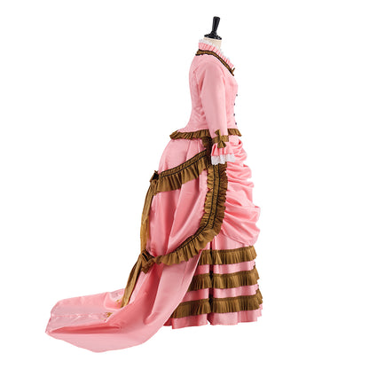 Victorian Pink Ruched Gown with Brown Trimmed Hem and Long Sleeves for Historical Reenactments Victorian Halloween Christmas