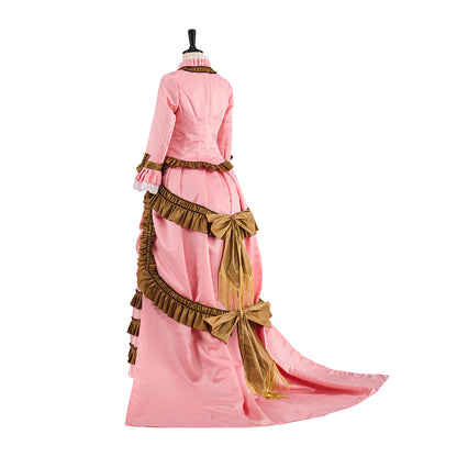 Victorian Pink Ruched Gown with Brown Trimmed Hem and Long Sleeves for Historical Reenactments Victorian Halloween Christmas