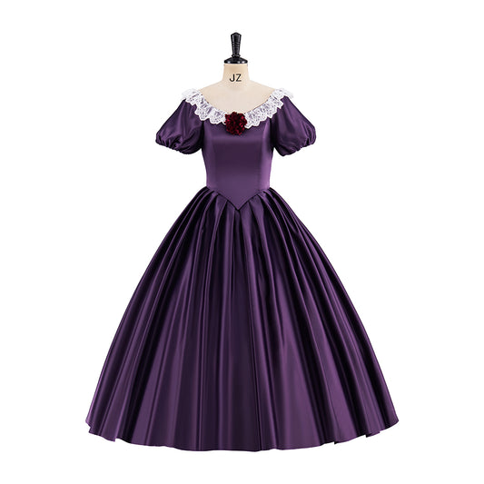 Victorian Purple Satin Off-Shoulder Gown with White Lace Collar for Historical Reenactments Victorian Themed Halloween Christmas
