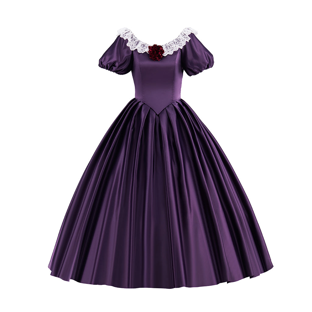 Victorian Purple Satin Off-Shoulder Gown with White Lace Collar for Historical Reenactments Victorian Themed Halloween Christmas