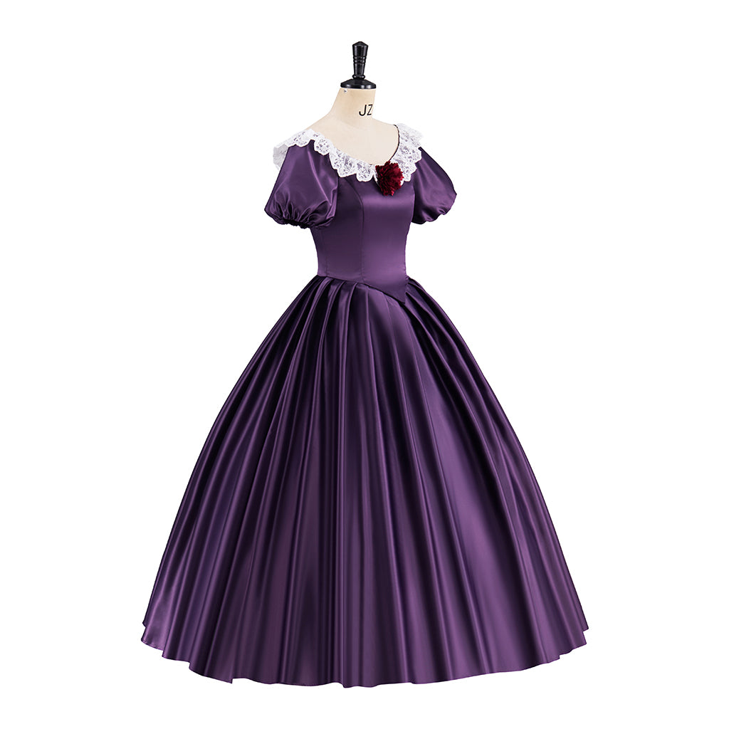 Victorian Purple Satin Off-Shoulder Gown with White Lace Collar for Historical Reenactments Victorian Themed Halloween Christmas