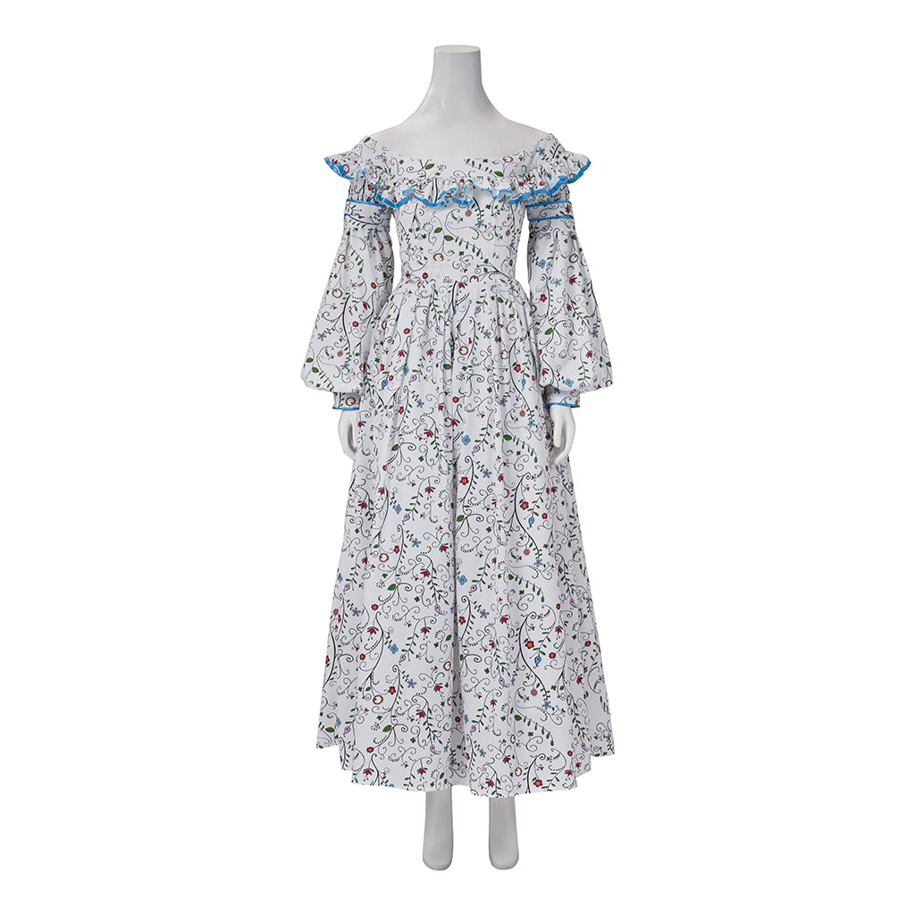 Medieval Style Off-shoulder Bell-sleeved Floral Patterned Maxi Dress for Historical Reenactments Cosplay Events Medieval Halloween Christmas